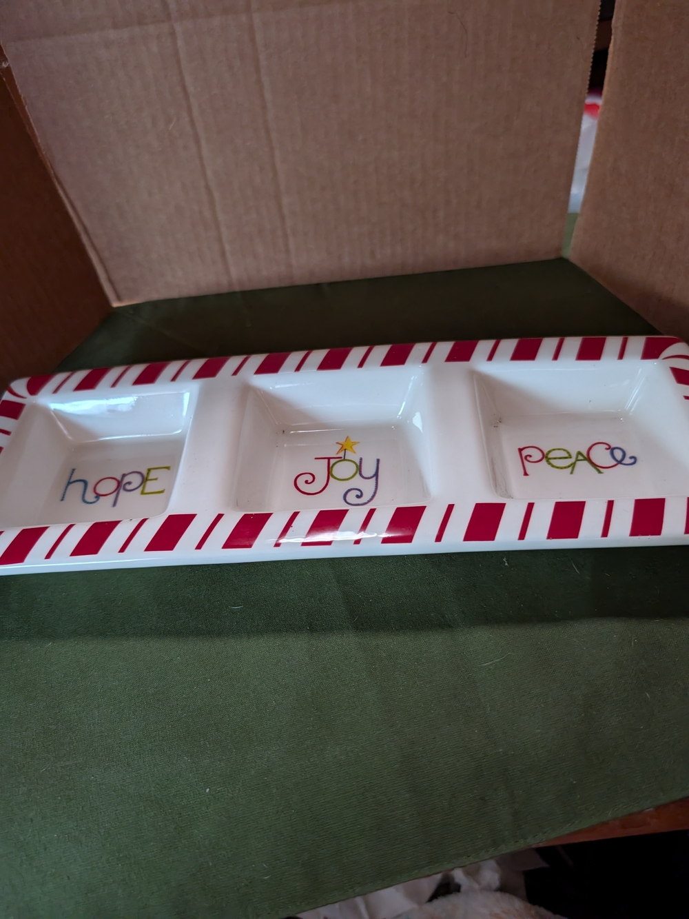 Holiday Stripe Ceramic Serving Tray - Red & White Joy Hope Peace